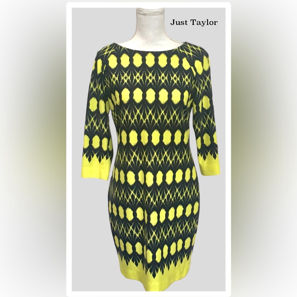 Just Taylor Bright Yellow and Black Dress 3/4 Sleeve, Sz 6
